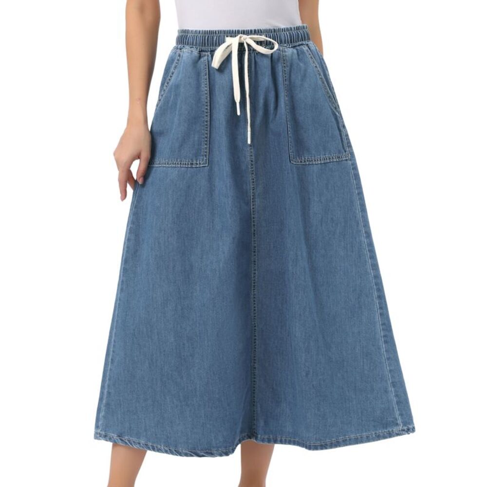 Women's Denim Skirt Elastic Waist A Line Long Jean Skirts Blue